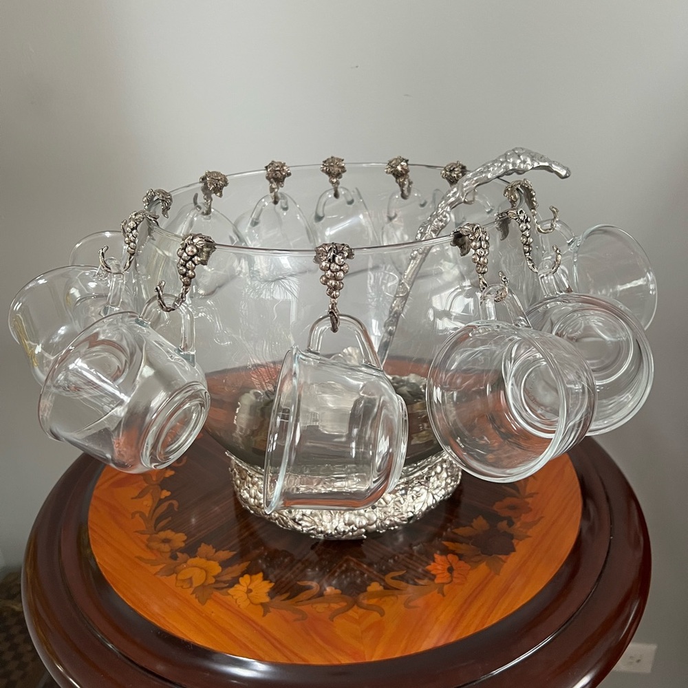 Clear Glass Punch Bowl Set with Silver-Tone Accents and Hanging Mugs